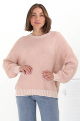 Aura Jumper - Crew Neck Jumper with Contrast Stripe Trim in Pink