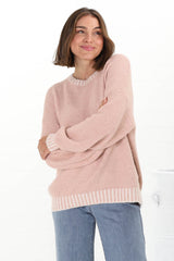 Aura Jumper - Crew Neck Jumper with Contrast Stripe Trim in Pink