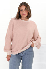 Aura Jumper - Crew Neck Jumper with Contrast Stripe Trim in Pink