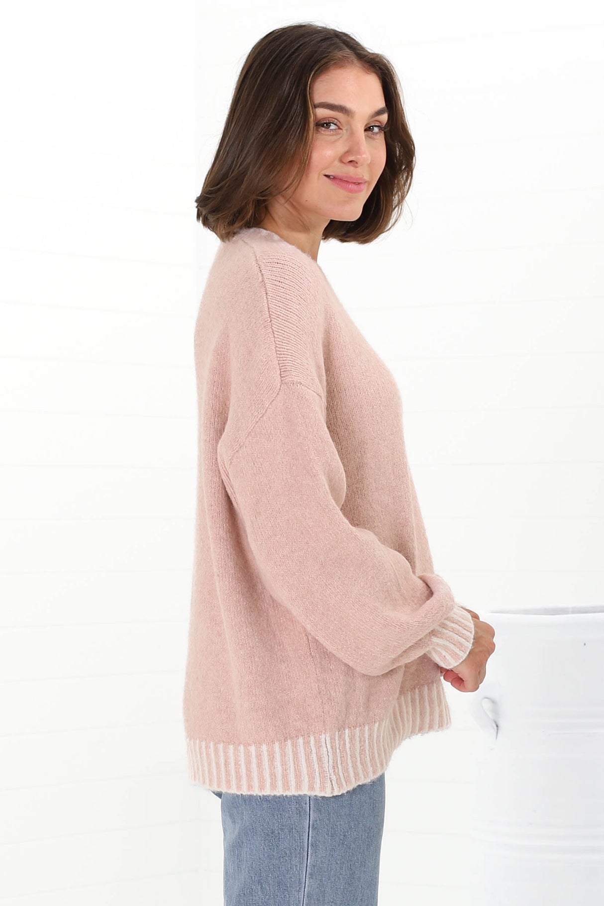 Aura Jumper - Crew Neck Jumper with Contrast Stripe Trim in Pink