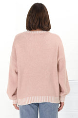 Aura Jumper - Crew Neck Jumper with Contrast Stripe Trim in Pink