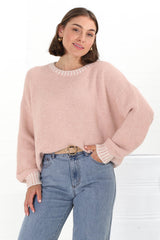 Aura Jumper - Crew Neck Jumper with Contrast Stripe Trim in Pink