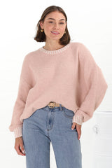 Aura Jumper - Crew Neck Jumper with Contrast Stripe Trim in Pink