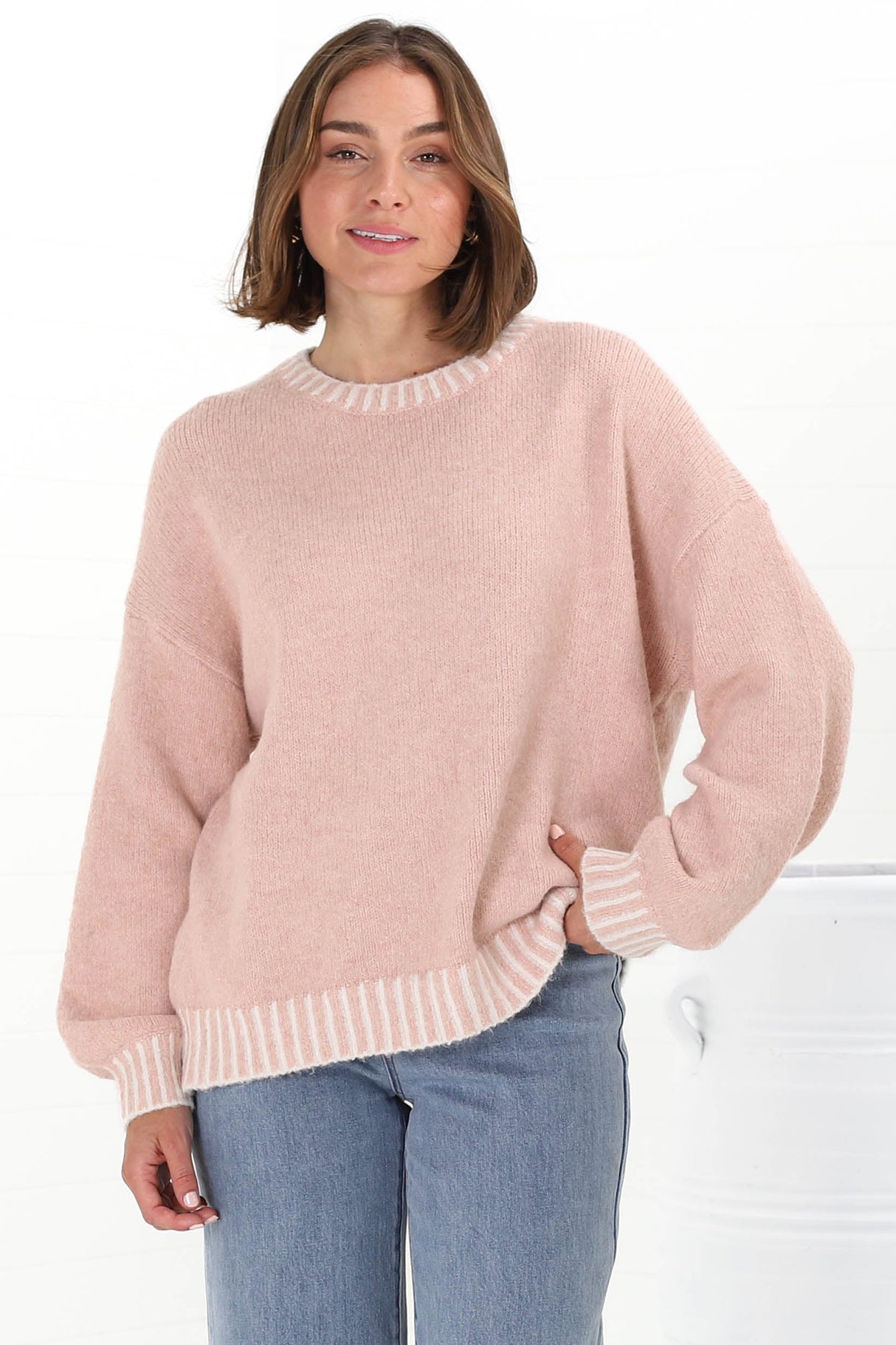 Aura Jumper - Crew Neck Jumper with Contrast Stripe Trim in Pink