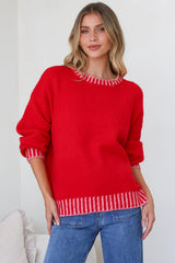 Aura Jumper - Crew Neck Jumper with Contrast Stripe Trim in Red