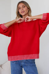 Aura Jumper - Crew Neck Jumper with Contrast Stripe Trim in Red