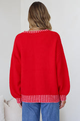 Aura Jumper - Crew Neck Jumper with Contrast Stripe Trim in Red