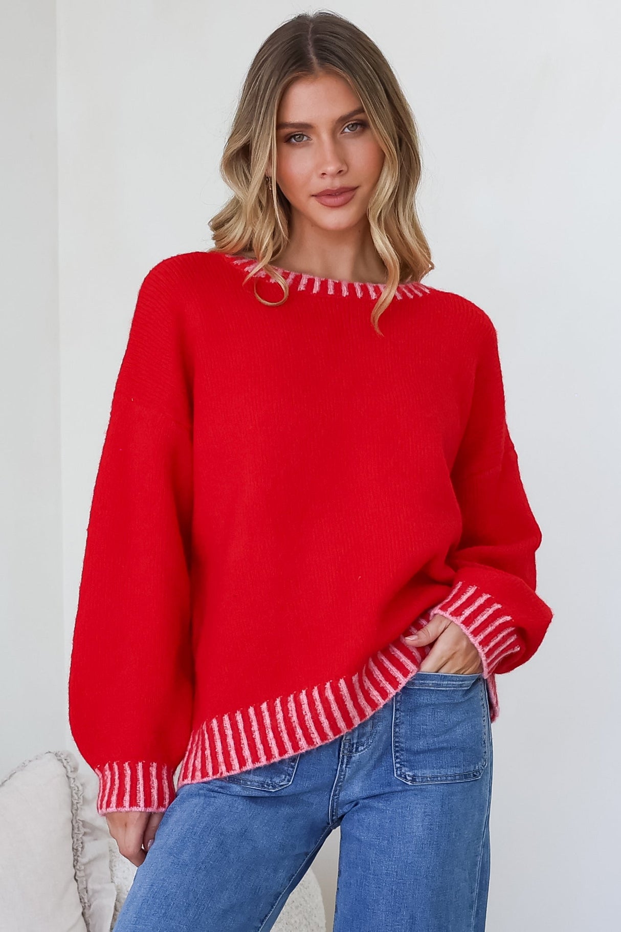 Model wearing Aura Jumper in Red from Salty Crush