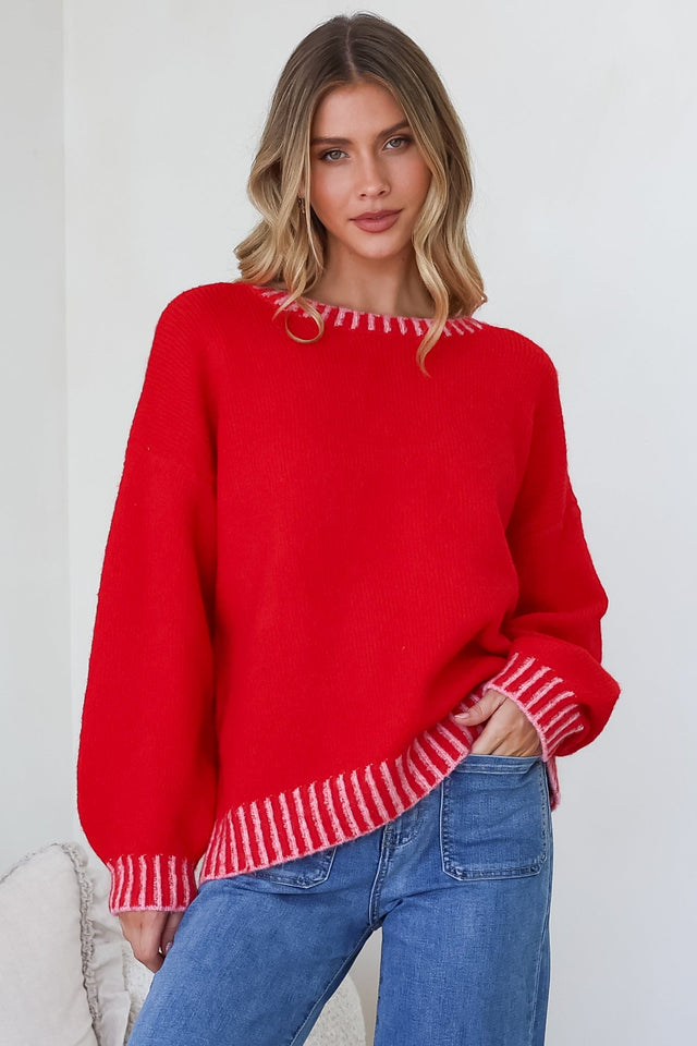 Model wearing Aura Jumper in Red from Salty Crush