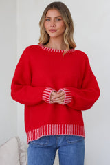 Aura Jumper - Crew Neck Jumper with Contrast Stripe Trim in Red