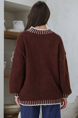 Aura Jumper - Crew Neck Jumper with Contrast Stripe Trim in Coffee