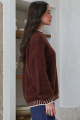 Aura Jumper - Crew Neck Jumper with Contrast Stripe Trim in Coffee