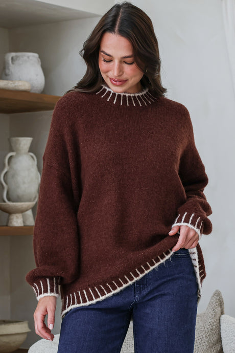 Aura Jumper - Crew Neck Jumper with Contrast Stripe Trim in Coffee
