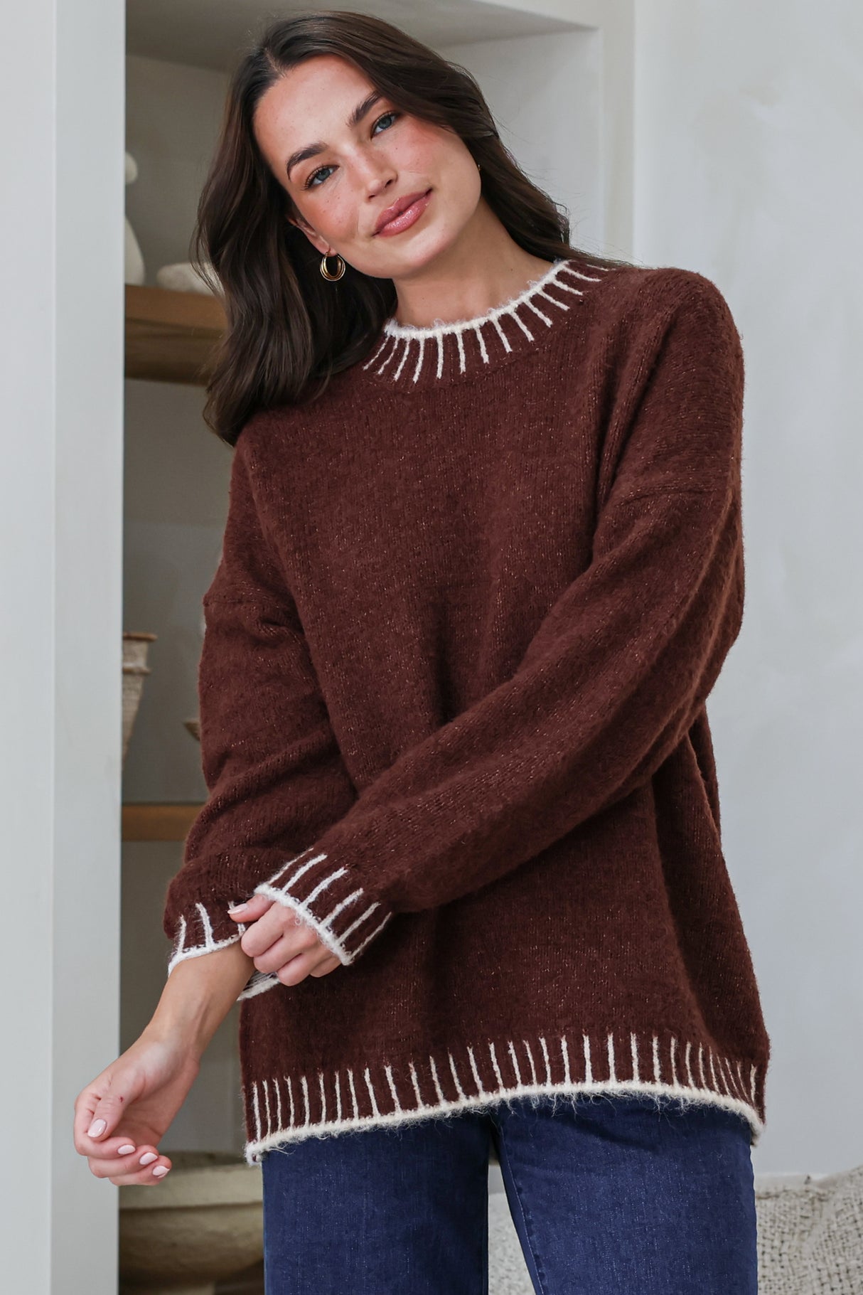 Aura Jumper - Crew Neck Jumper with Contrast Stripe Trim in Coffee
