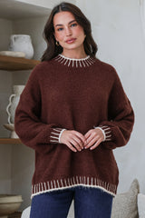 Aura Jumper - Crew Neck Jumper with Contrast Stripe Trim in Coffee