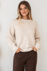 Aura Jumper - Crew Neck Jumper with Contrast Stripe Trim in Cream
