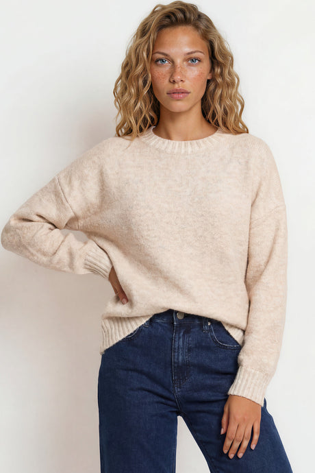 Aura Jumper - Crew Neck Jumper with Contrast Stripe Trim in Cream