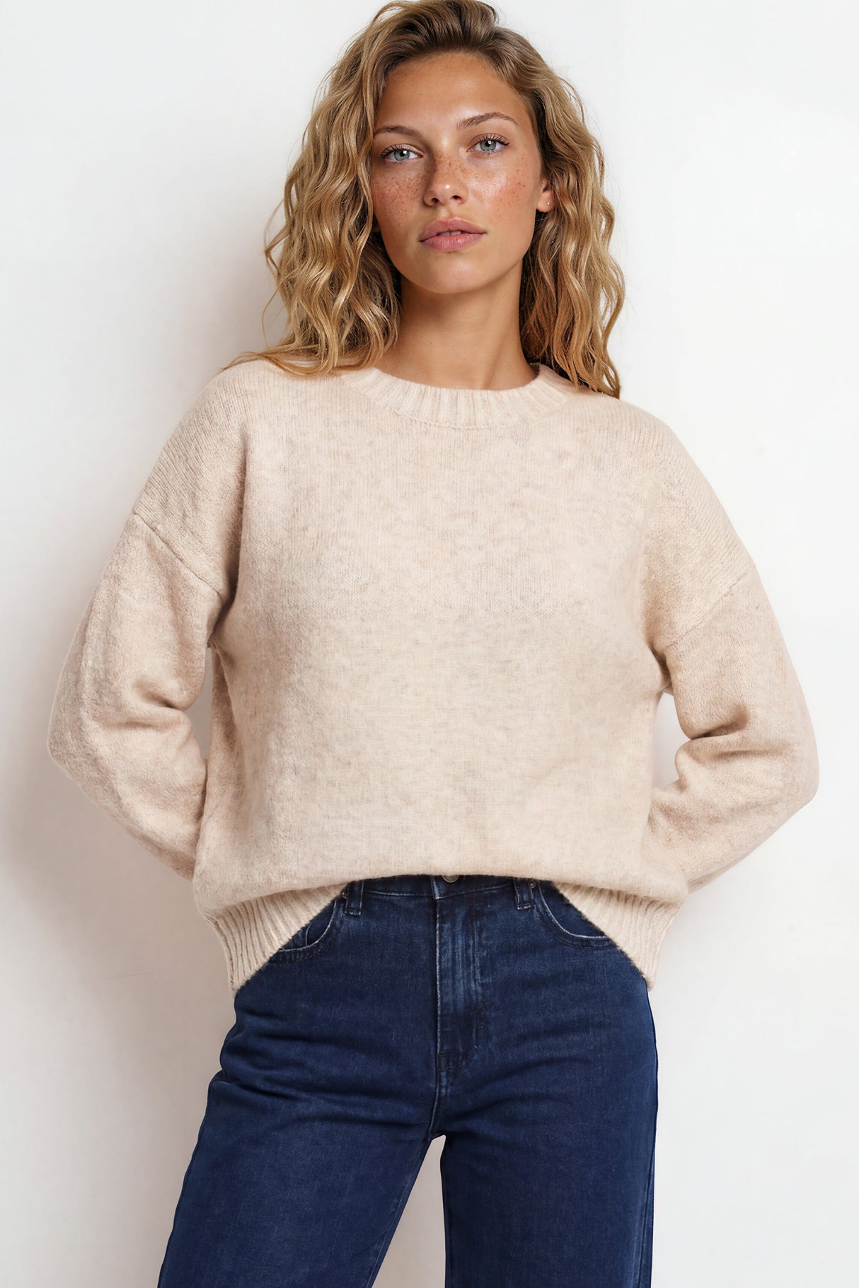 Aura Jumper - Crew Neck Jumper with Contrast Stripe Trim in Cream