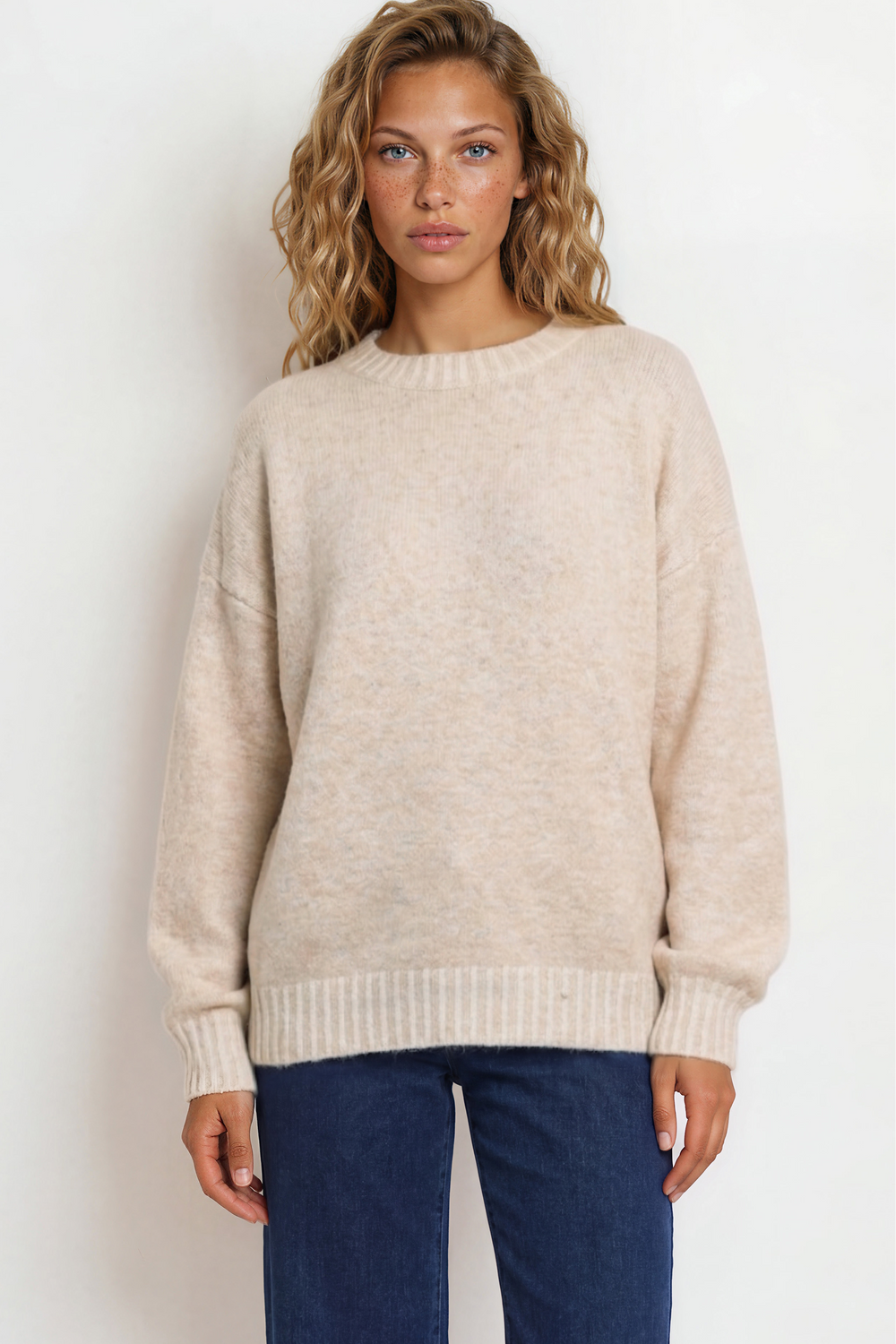 Aura Jumper - Crew Neck Jumper with Contrast Stripe Trim in Cream