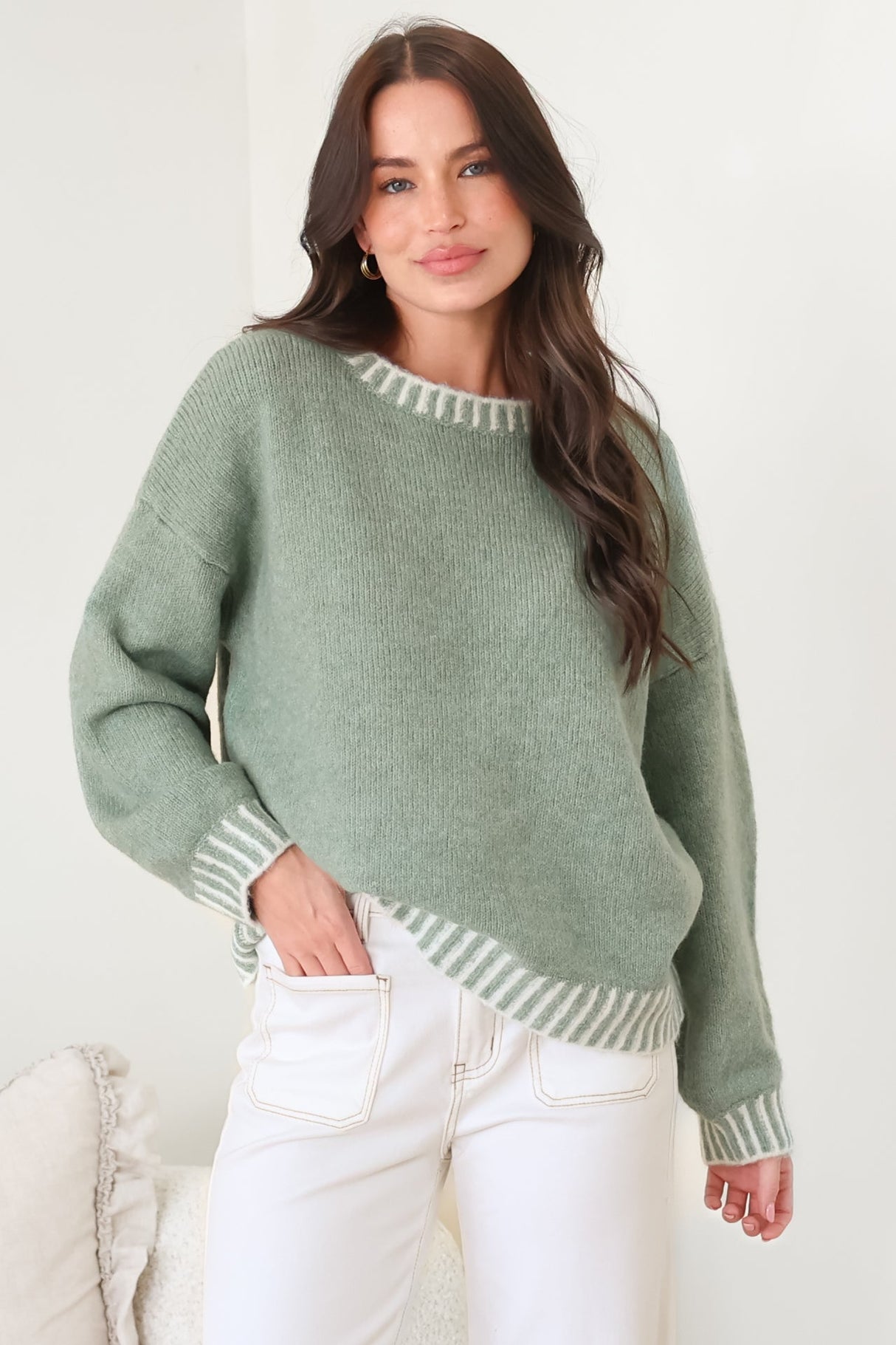 Aura Jumper - Crew Neck Jumper with Contrast Stripe Trim in Green