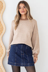 Aura Jumper - Crew Neck Jumper with Contrast Stripe Trim in Mocha
