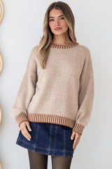 Aura Jumper - Crew Neck Jumper with Contrast Stripe Trim in Mocha