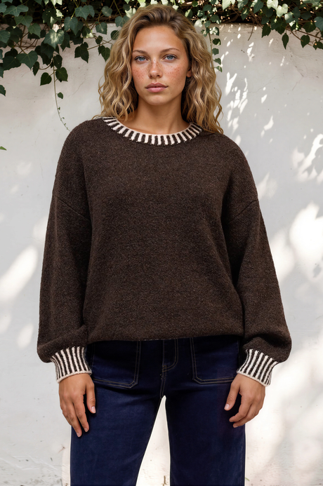 Model wearing Aura Jumper in Chocolate from Salty Crush