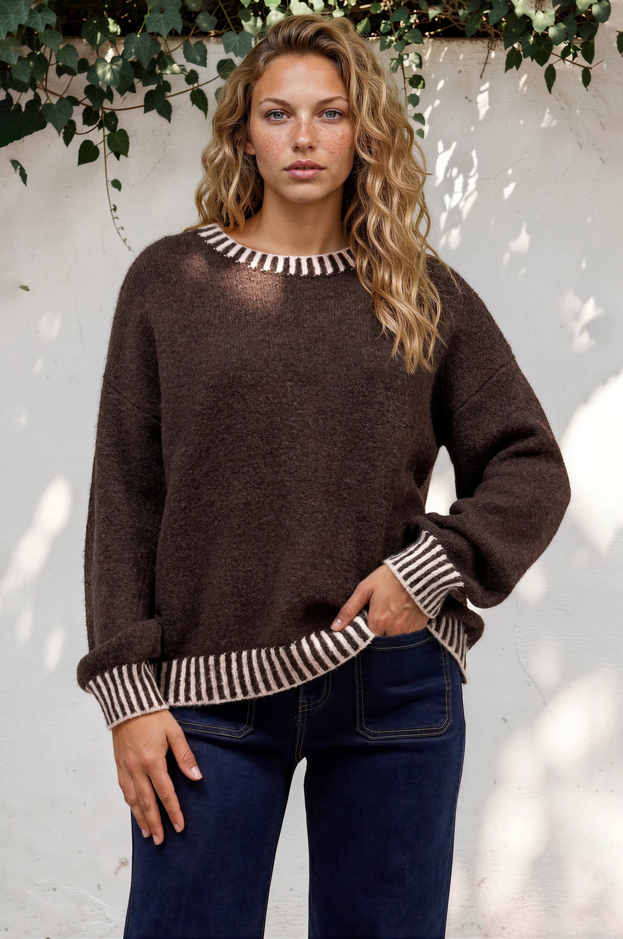 Model wearing Aura Jumper in Chocolate from Salty Crush