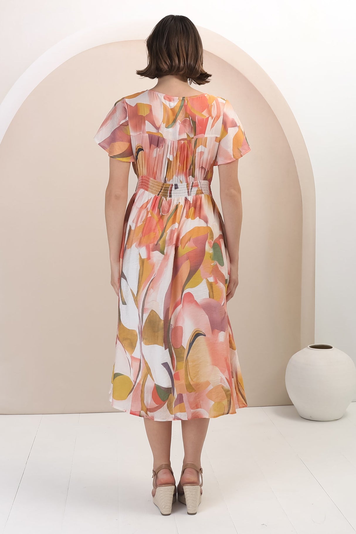 Aurelia Midi Dress - V Neckline Cap Sleeve Button Down A Line Dress in Marise Print