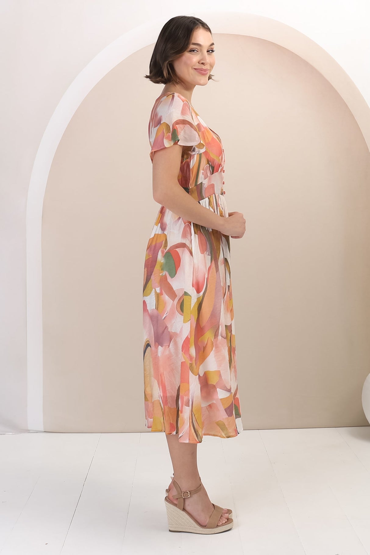 Aurelia Midi Dress - V Neckline Cap Sleeve Button Down A Line Dress in Marise Print