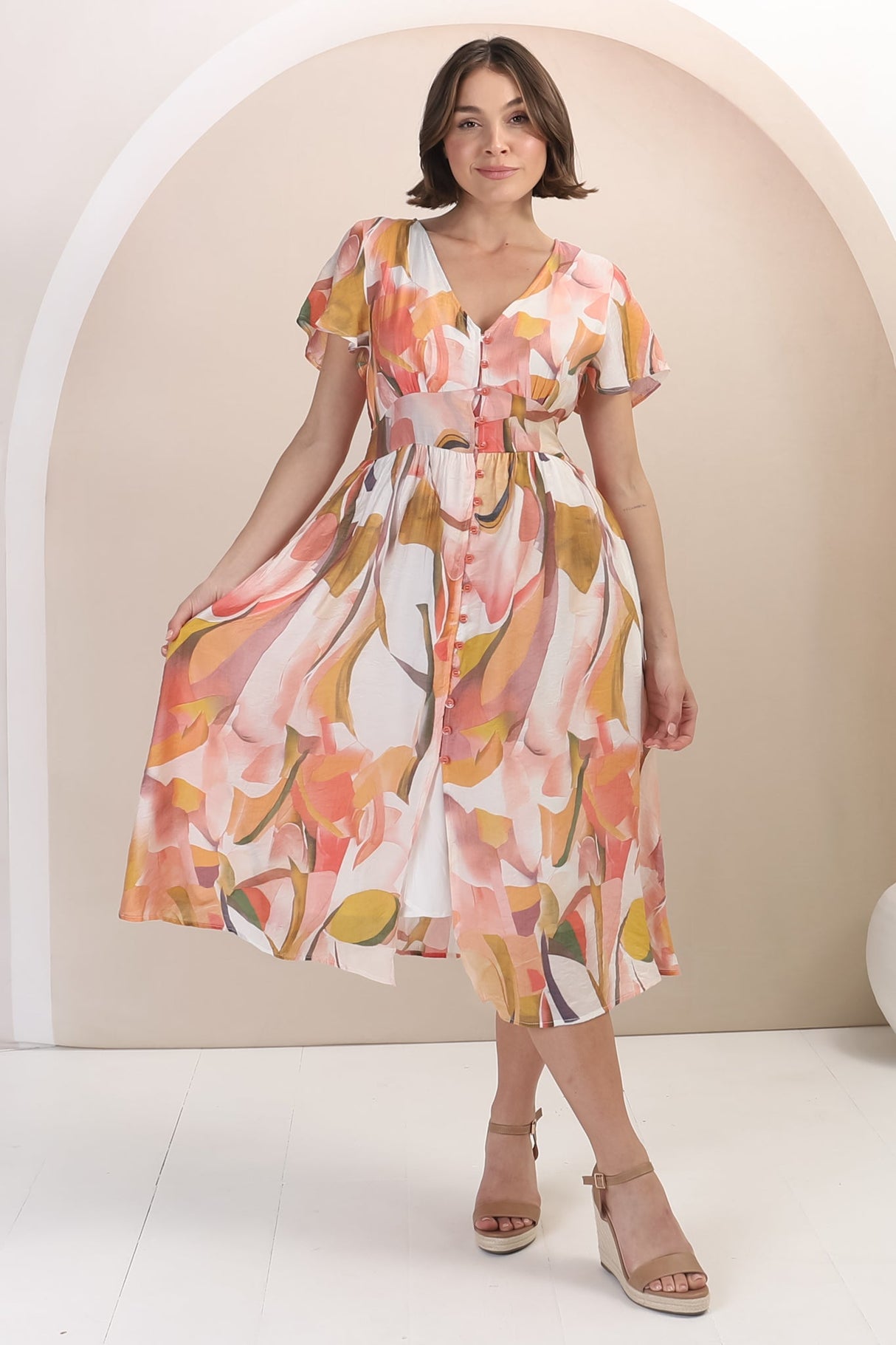 Aurelia Midi Dress - V Neckline Cap Sleeve Button Down A Line Dress in Marise Print