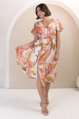 Aurelia Midi Dress - V Neckline Cap Sleeve Button Down A Line Dress in Marise Print