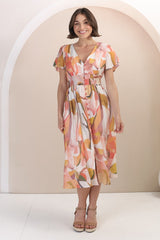 Aurelia Midi Dress - V Neckline Cap Sleeve Button Down A Line Dress in Marise Print