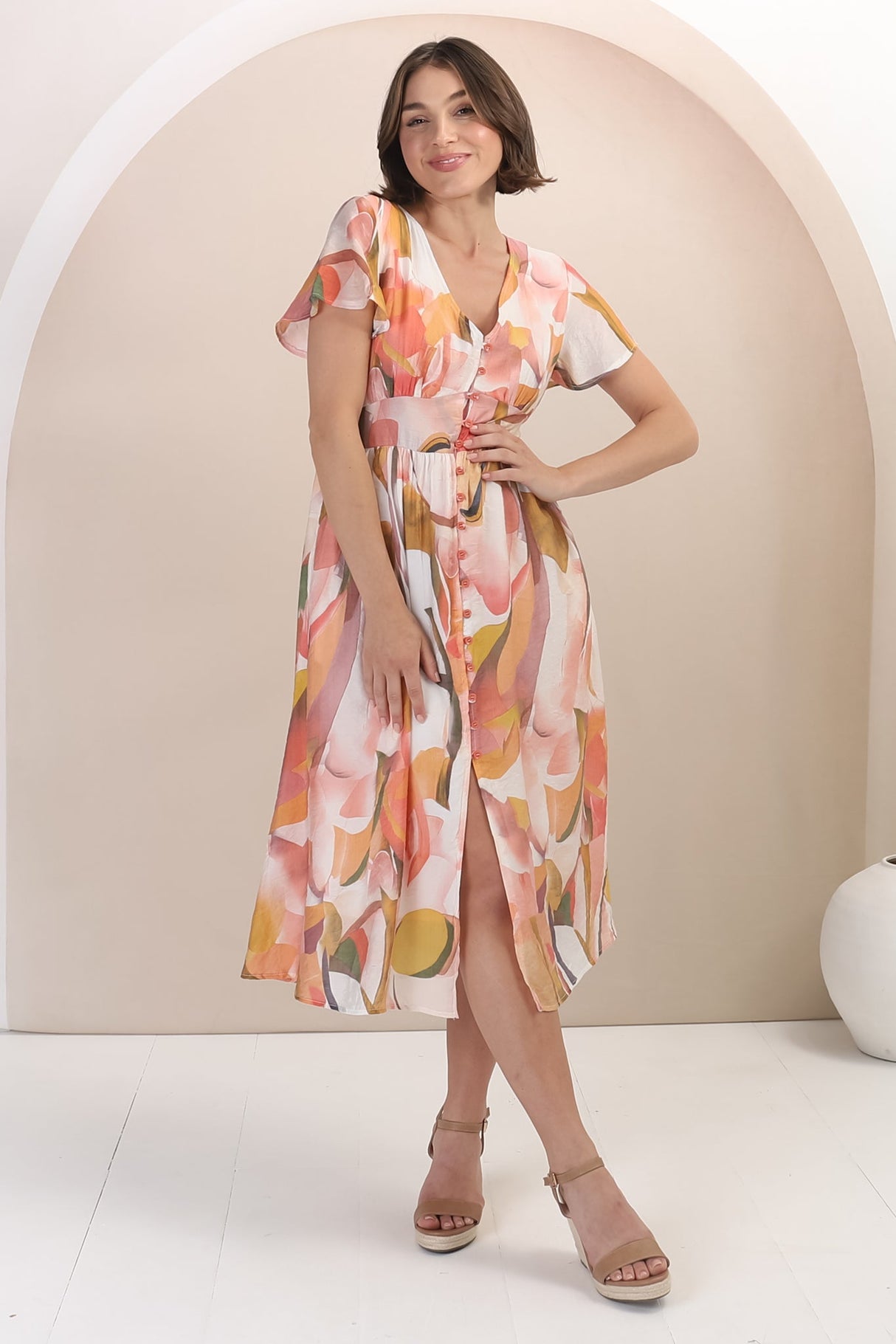 Aurelia Midi Dress - V Neckline Cap Sleeve Button Down A Line Dress in Marise Print