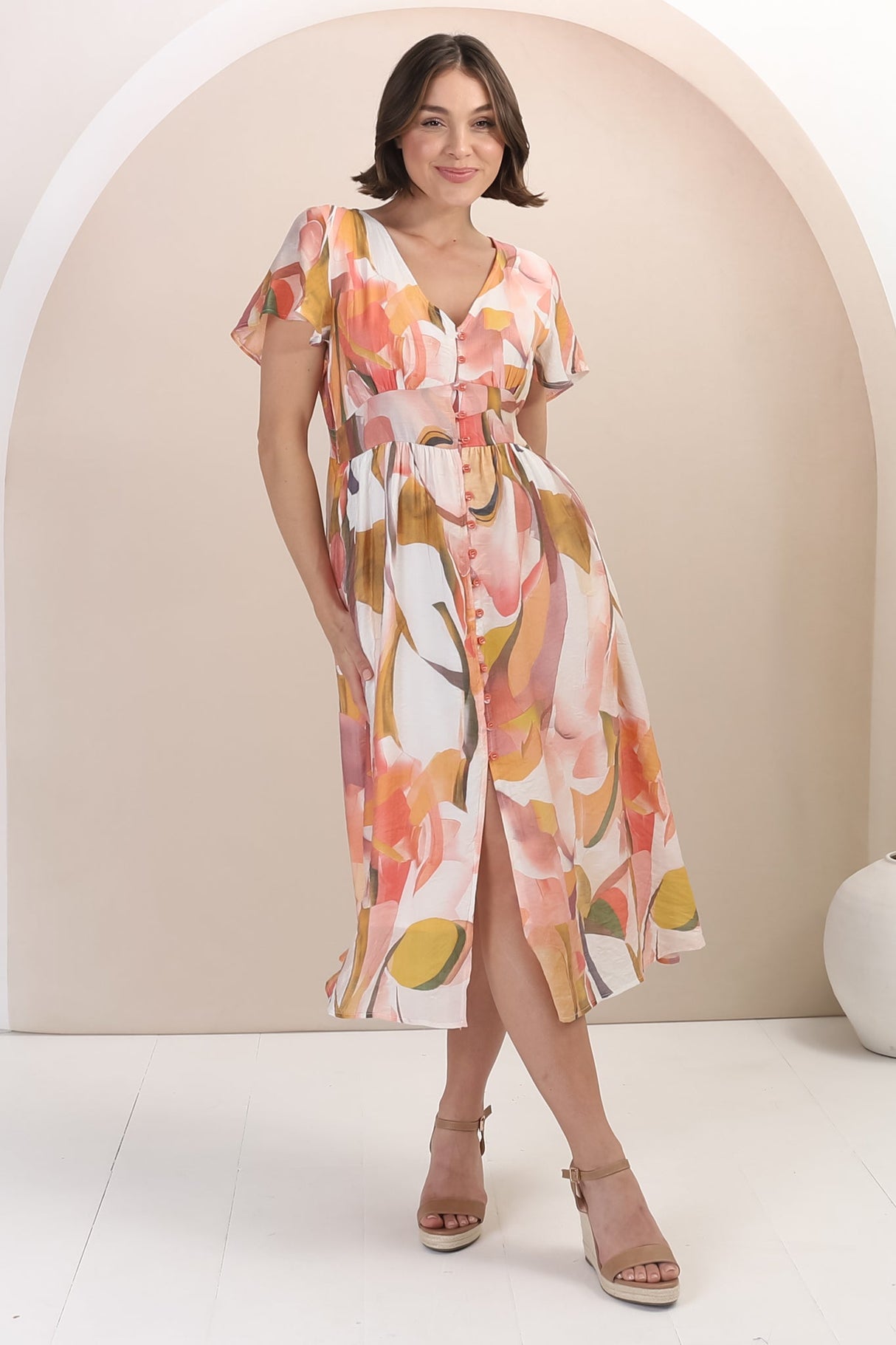 Aurelia Midi Dress - V Neckline Cap Sleeve Button Down A Line Dress in Marise Print