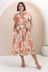 Aurelia Midi Dress - V Neckline Cap Sleeve Button Down A Line Dress in Marise Print