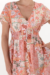 Aurelia Mini Dress - Button-Down Flutter Sleeve Dress in Anslee Print Orange