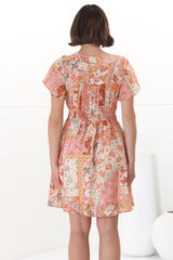 Aurelia Mini Dress - Button-Down Flutter Sleeve Dress in Anslee Print Orange