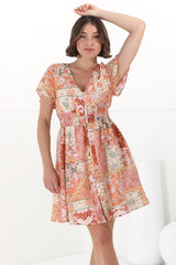 Aurelia Mini Dress - Button-Down Flutter Sleeve Dress in Anslee Print Orange