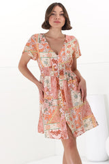 Aurelia Mini Dress - Button-Down Flutter Sleeve Dress in Anslee Print Orange