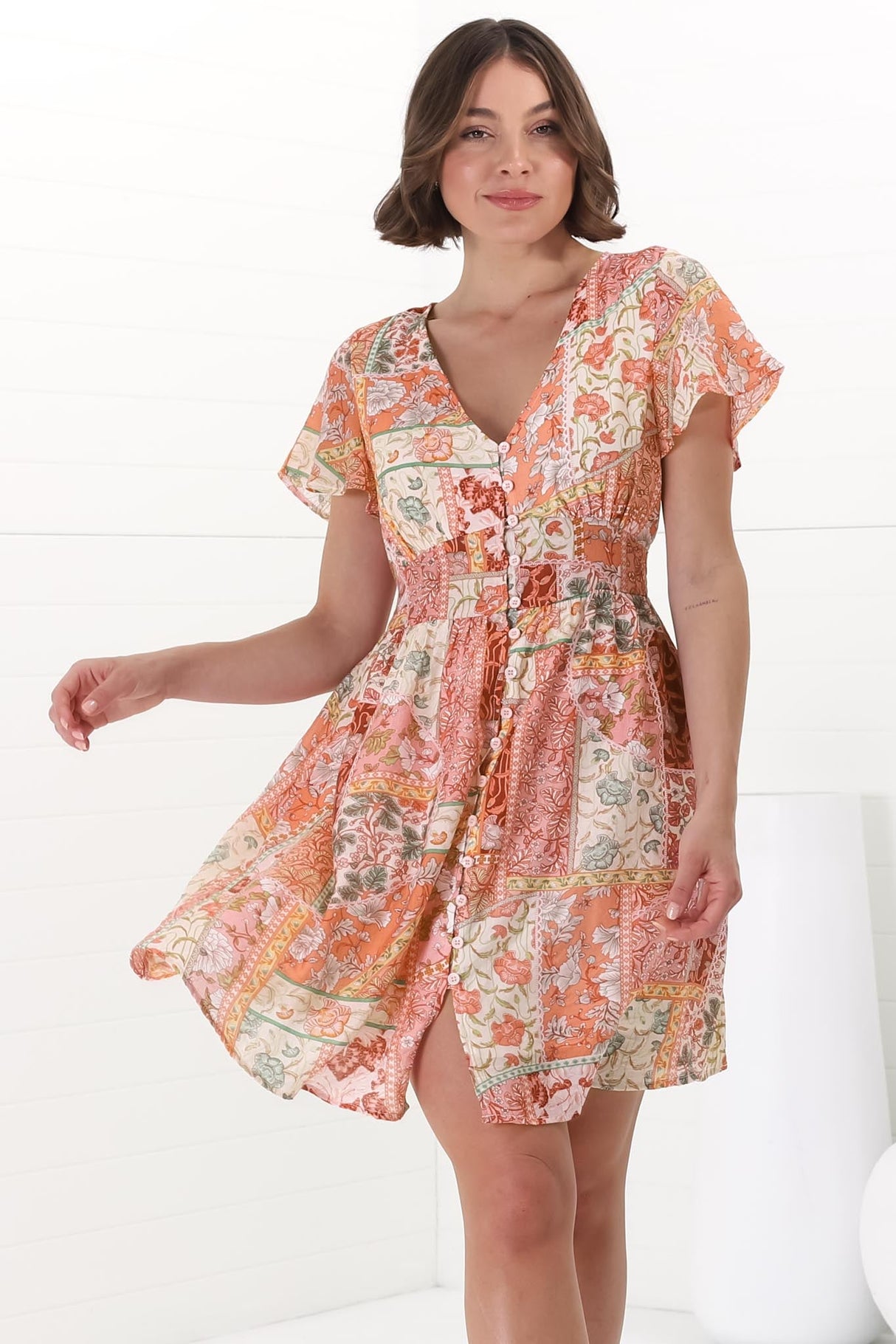 Aurelia Mini Dress - Button-Down Flutter Sleeve Dress in Anslee Print Orange