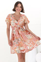 Aurelia Mini Dress - Button-Down Flutter Sleeve Dress in Anslee Print Orange