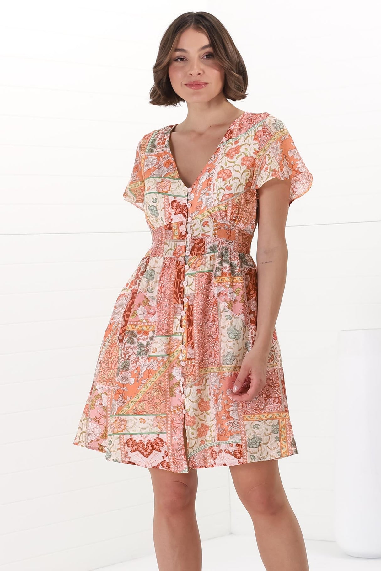 Aurelia Mini Dress - Button-Down Flutter Sleeve Dress in Anslee Print Orange