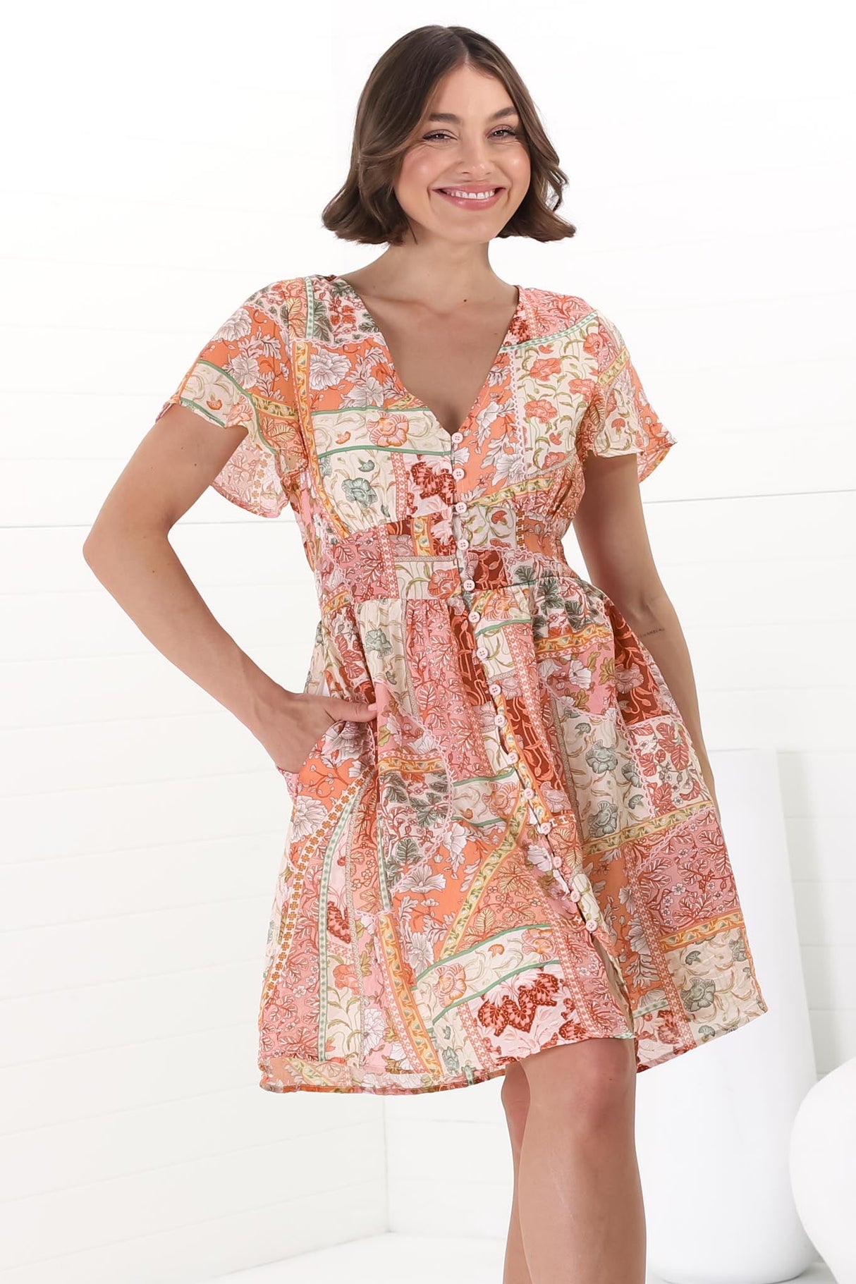 Aurelia Mini Dress - Button-Down Flutter Sleeve Dress in Anslee Print Orange