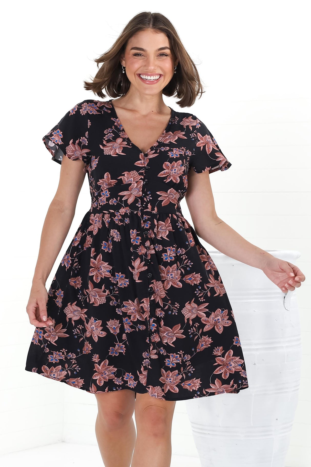 Aurelia Mini Dress - Button-Down Flutter Sleeve Dress in Halara Print Black