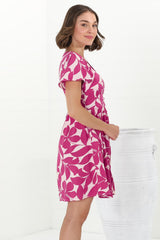 Aurelia Mini Dress - Button-Down Flutter Sleeve Dress in Kiera Print Pink