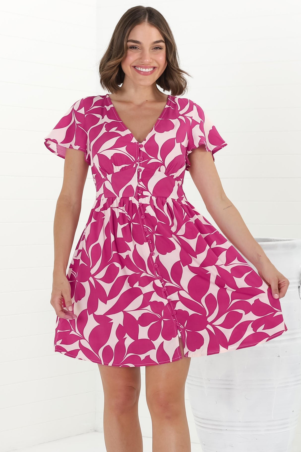 Aurelia Mini Dress - Button-Down Flutter Sleeve Dress in Kiera Print Pink