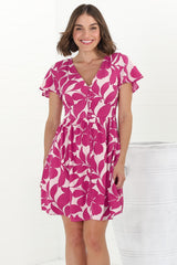 Aurelia Mini Dress - Button-Down Flutter Sleeve Dress in Kiera Print Pink