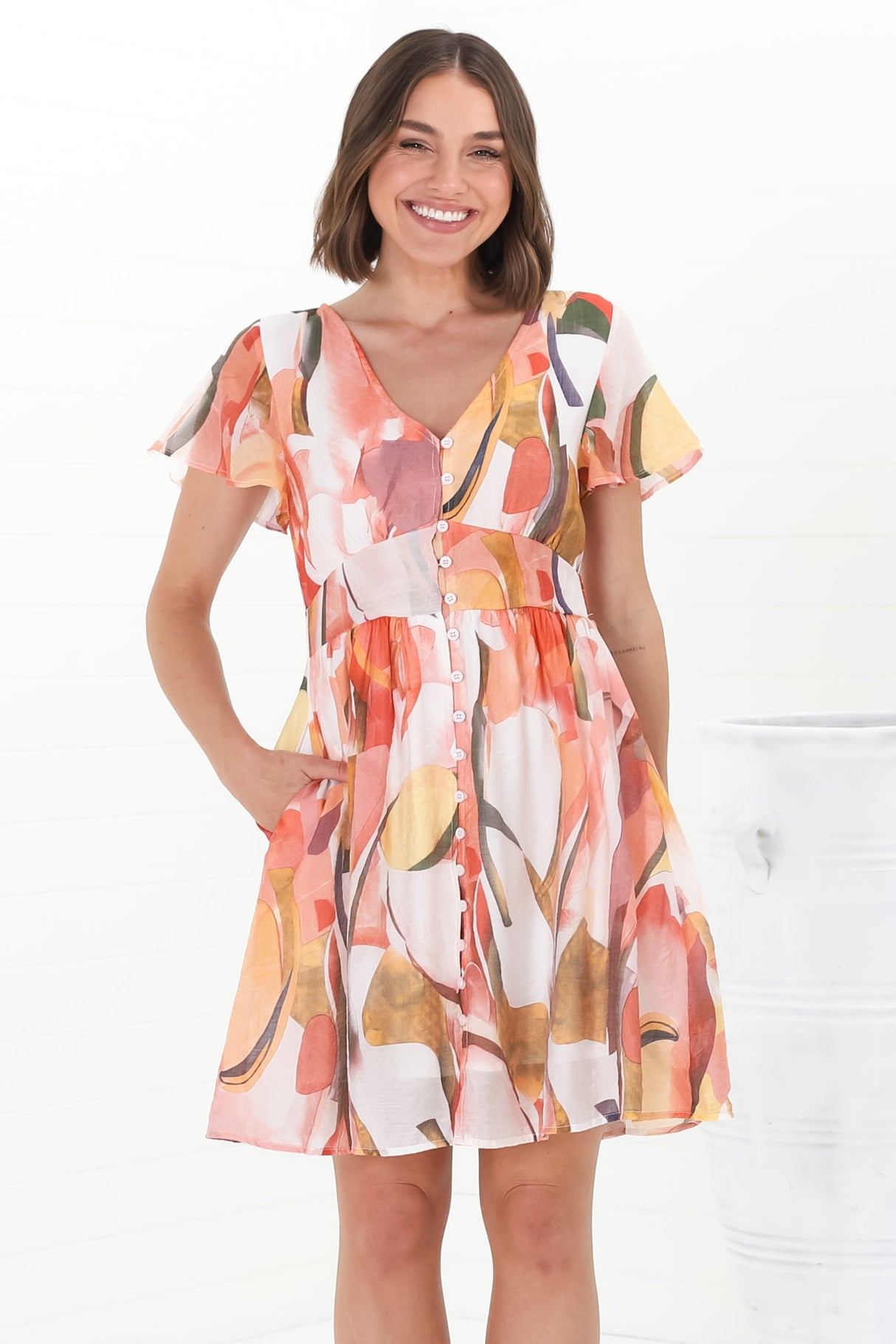 Aurelia Mini Dress - Button-Down Flutter Sleeve Dress in Marise Print