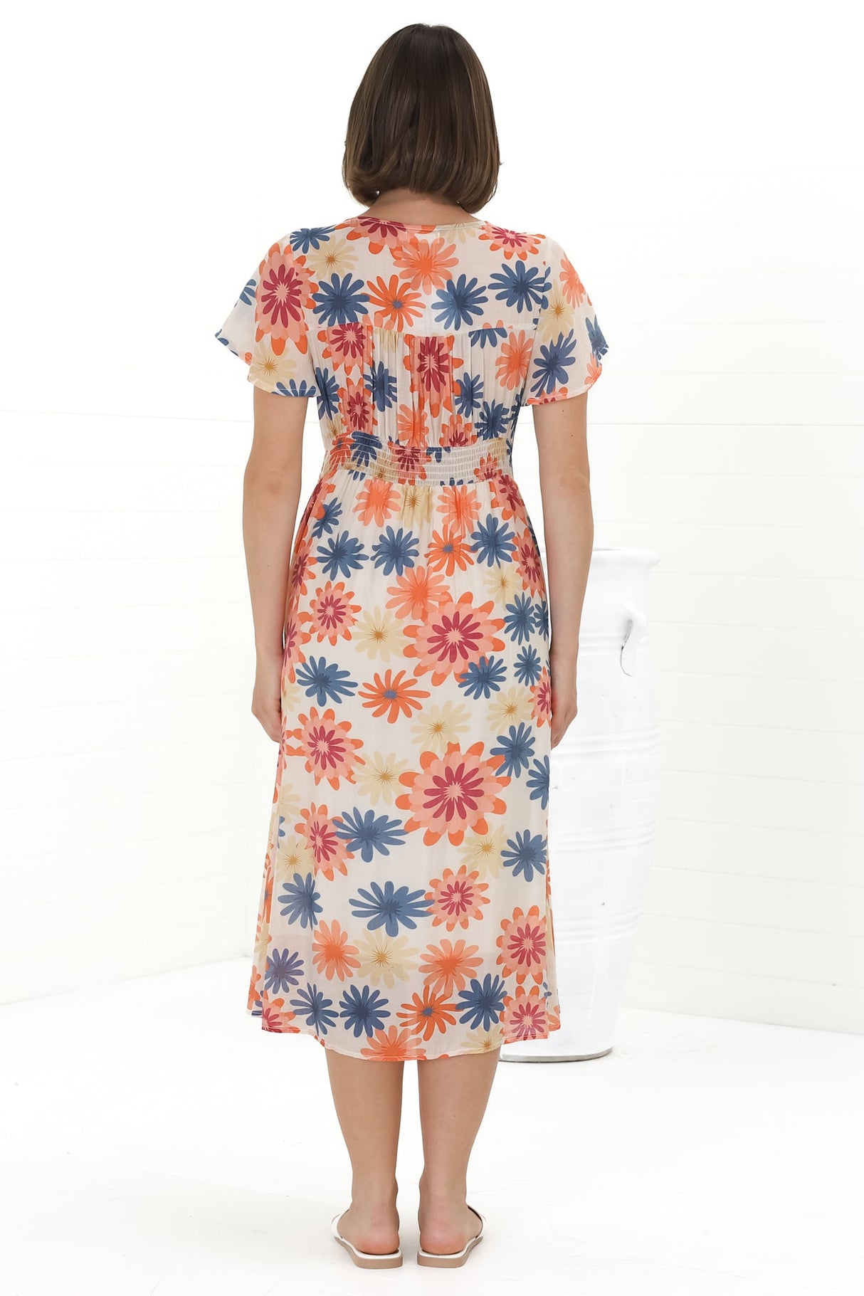 Aurelia Midi Dress - V Neckline Cap Sleeve Button Down A Line Dress in Mariela Print